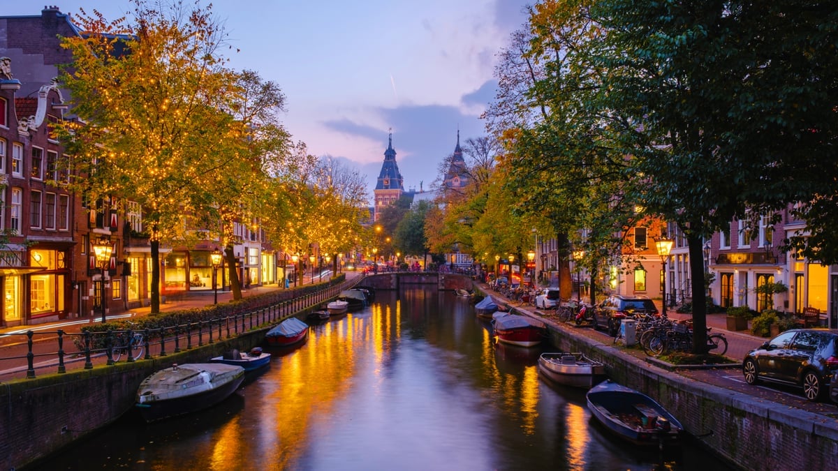 autumn twilight in amsterdam canals with golden tr