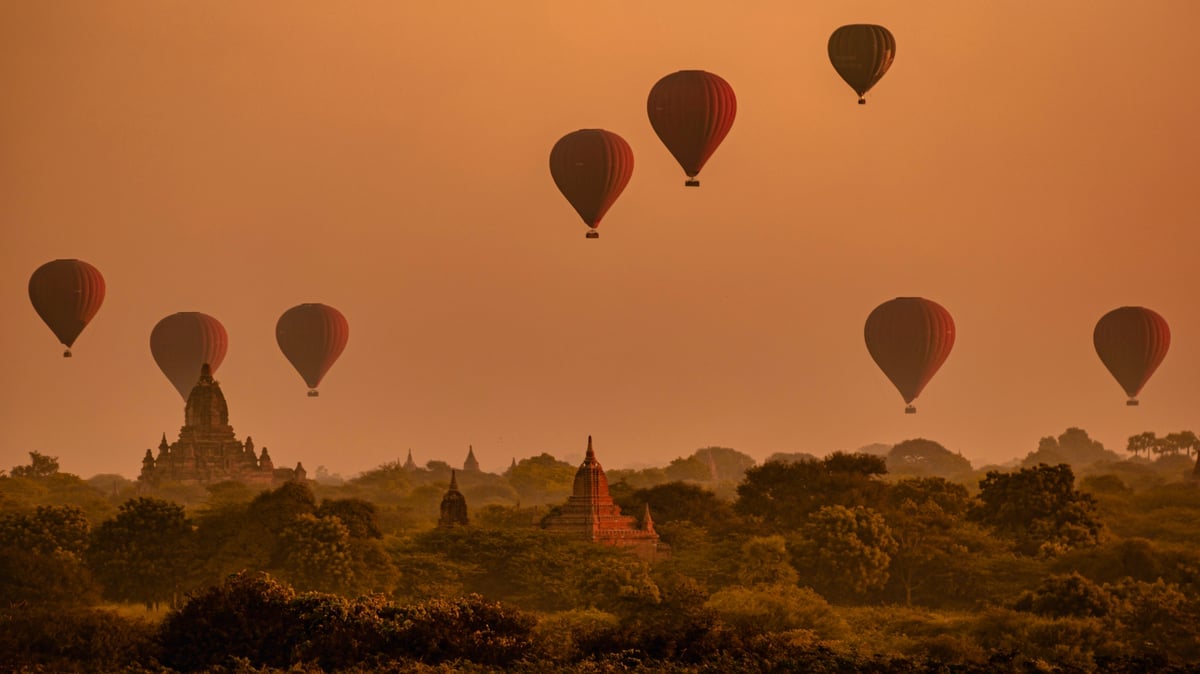 bagan myanmar hot air balloon during sunrise abov
