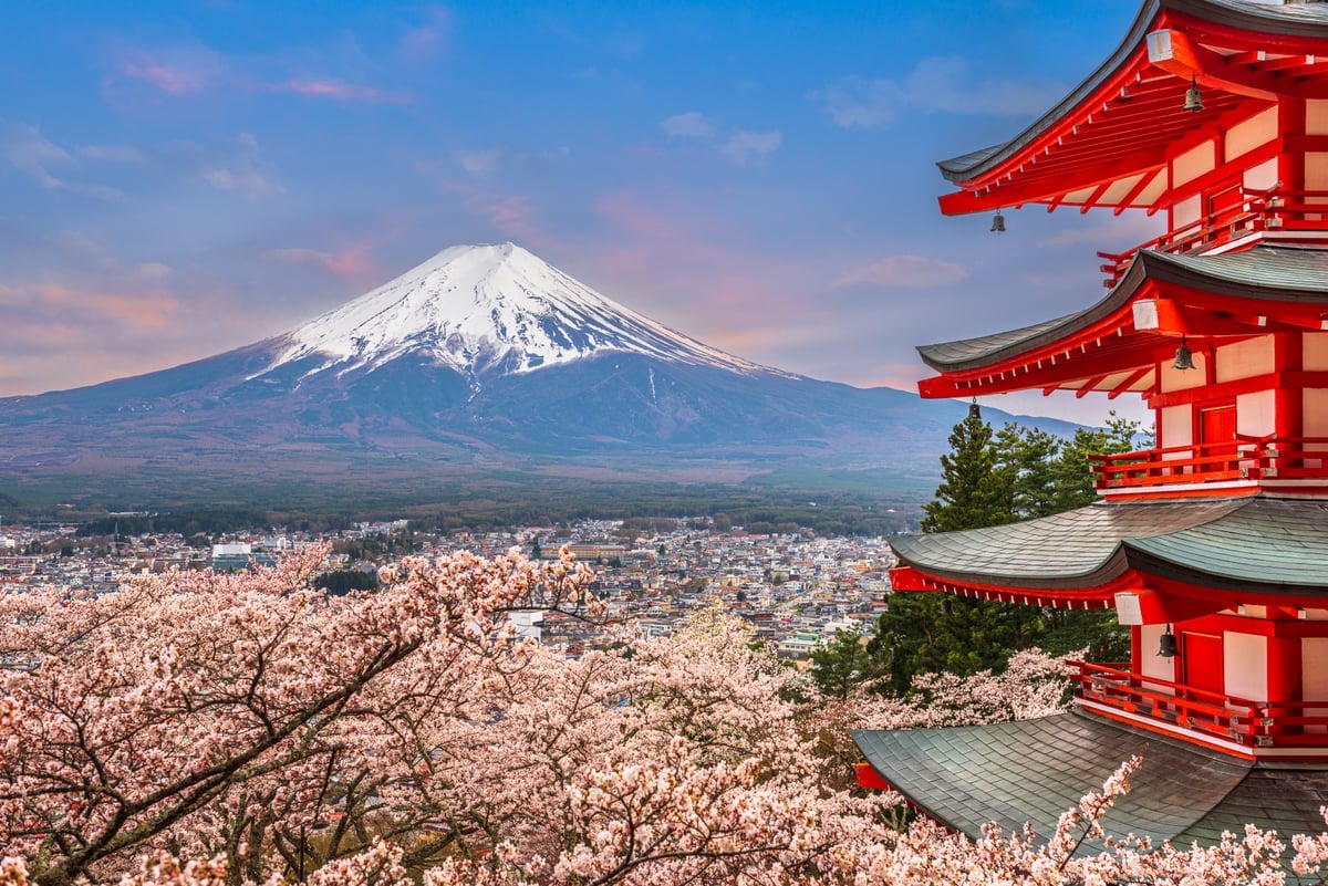 fujiyoshida japan at chureito pagoda and mt fuji