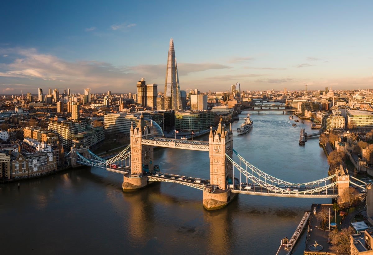 uk london aerial view of tower bridge over river